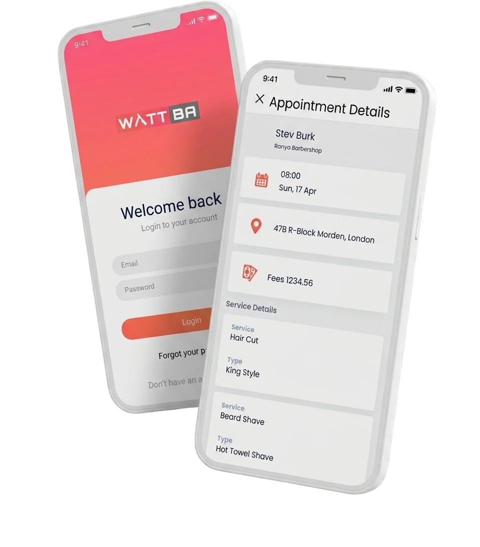 WATTBA login and appointment details screens